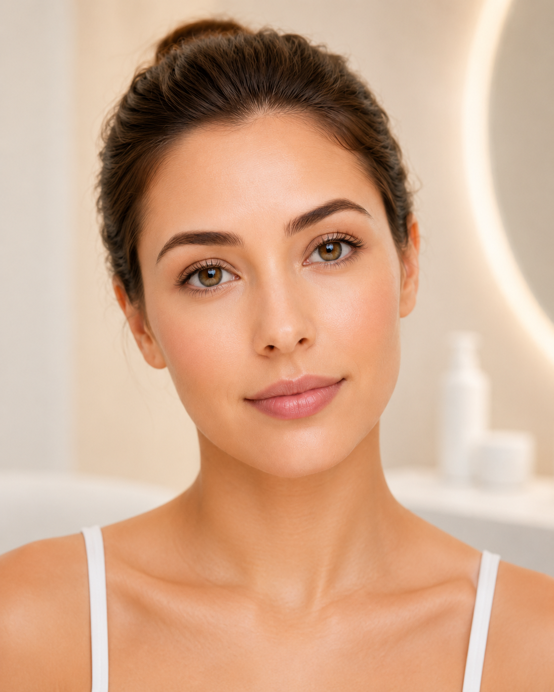 Full Face Rejuvenation: Front-facing portrait of a woman with smooth, radiant, youthful-looking skin in a premium clinic setting.