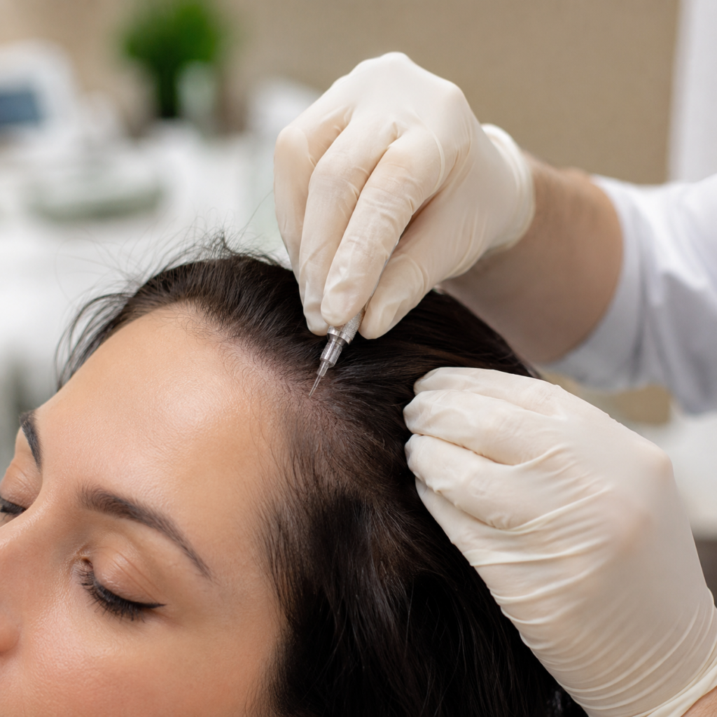 Close-up of a minimally invasive hair restoration procedure performed along a patient’s hairlin