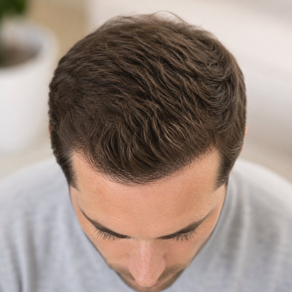 Top view of a man with a natural-looking, dense hairline following hair restoration treatment.
