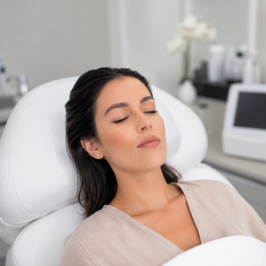 Female patient resting comfortably in a modern clinic after a minimally invasive hair treatment