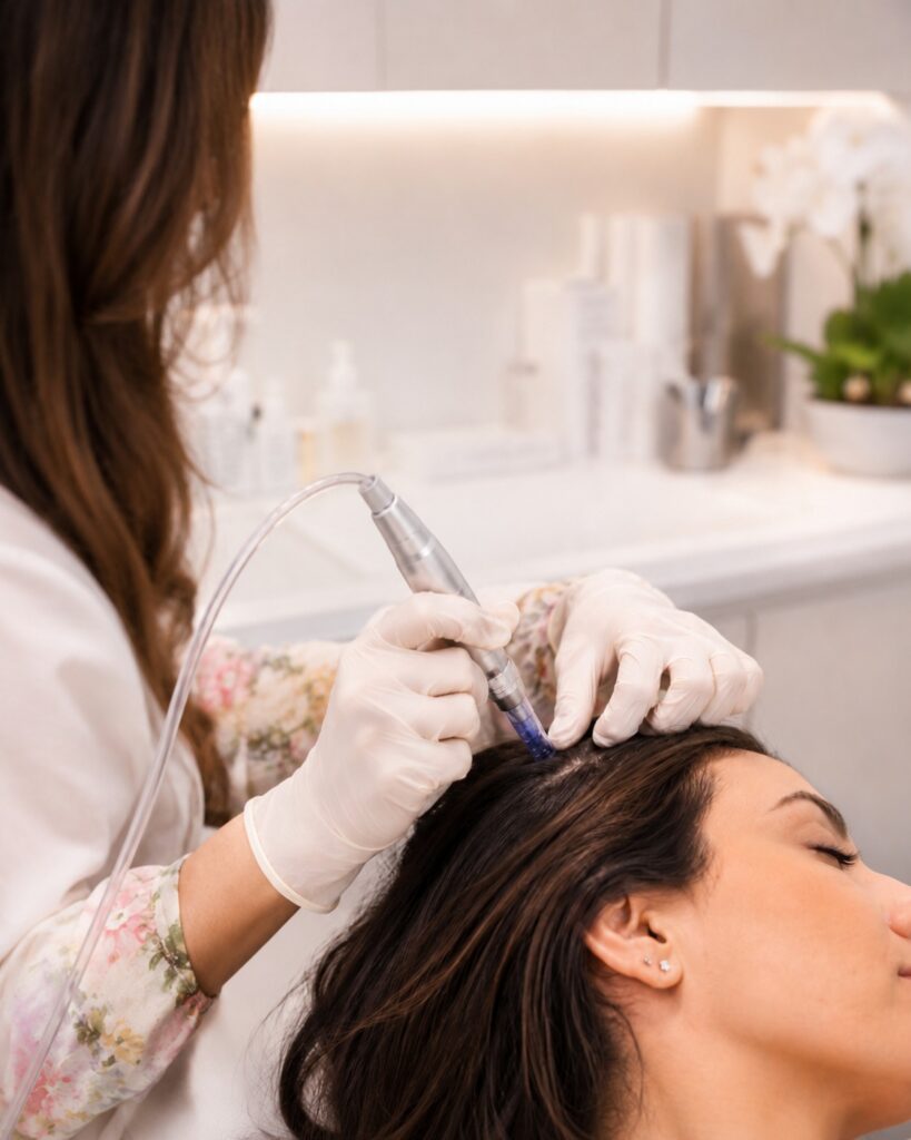 Microneedling: Scalp microneedling treatment using a professional microneedling device on a female patient, with the practitioner’s face not visible.