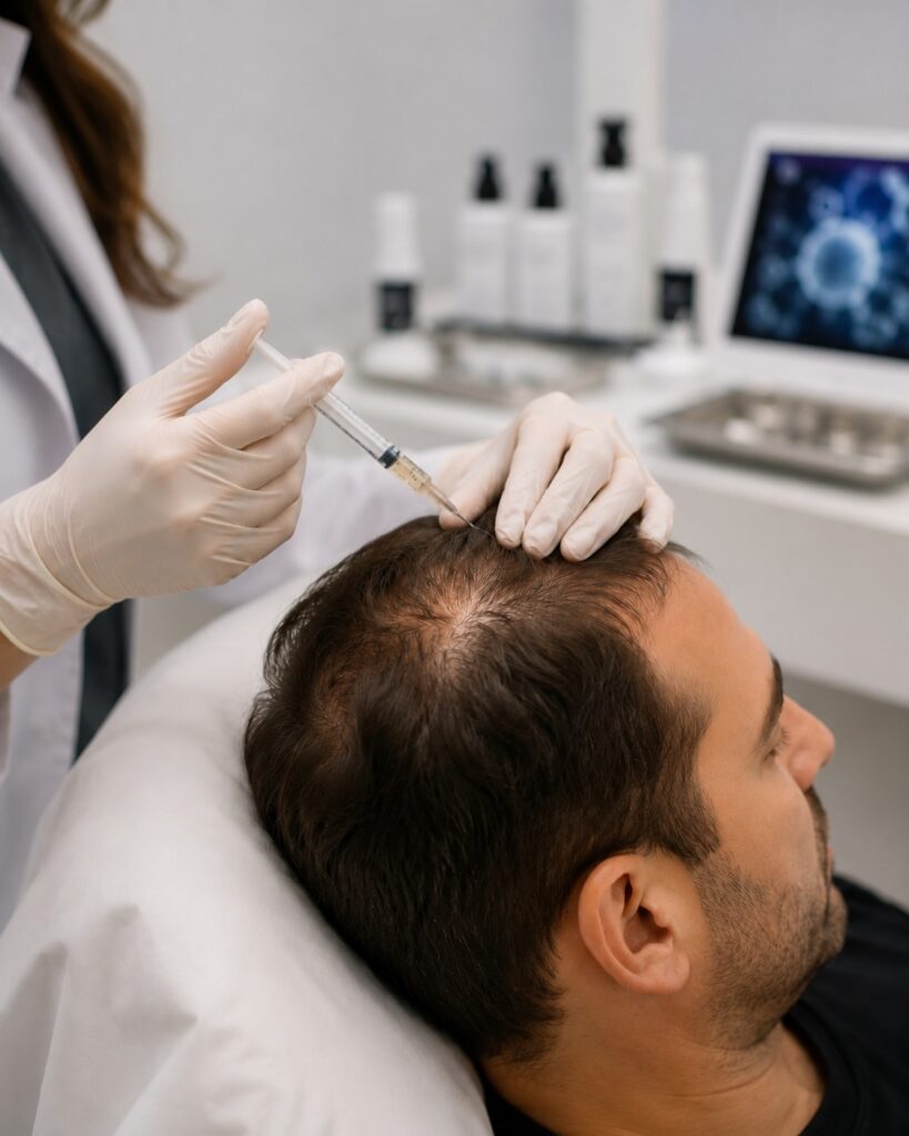 Exosome Therapy: Exosome hair restoration treatment being applied to a male patient’s thinning scalp, with the medical practitioner’s face cropped out.