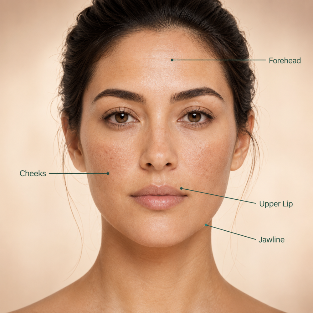 Woman showing exosome skin treatment areas including forehead, cheeks, upper lip and jawline