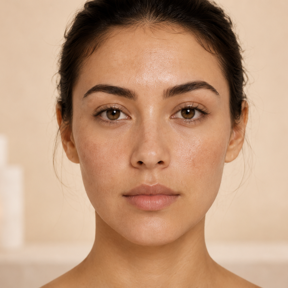 Front-facing woman with mildly dry, uneven skin texture and reduced facial glow.